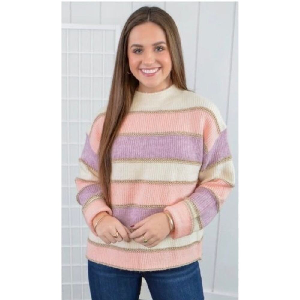 THML Colorblock Sweater w/ metallic glitter threads pinks purple & gold Size XS